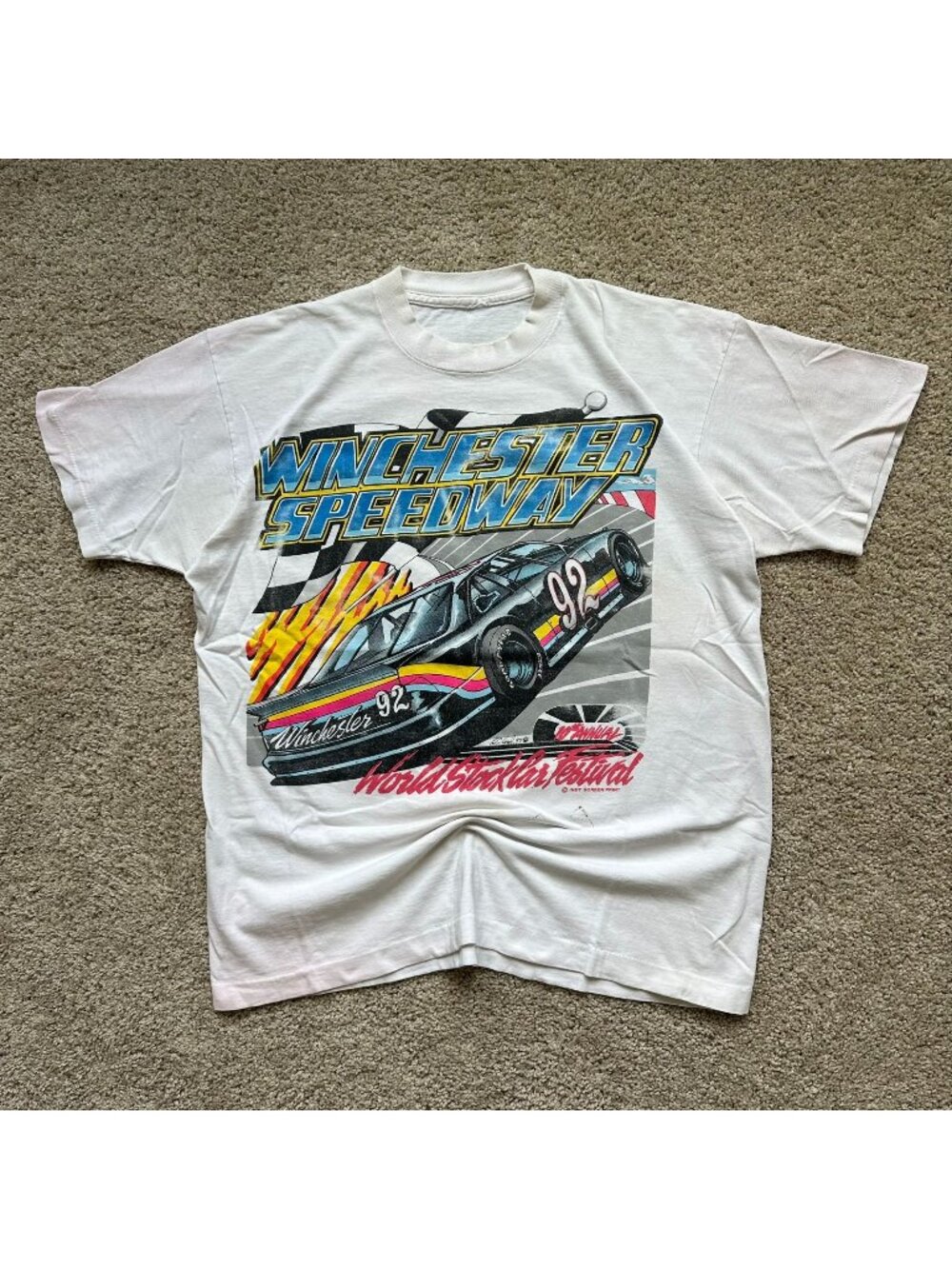 Vintage 90s Winchester Speedway Stock Car Festival 1992 T-Shirt White L NASCAR